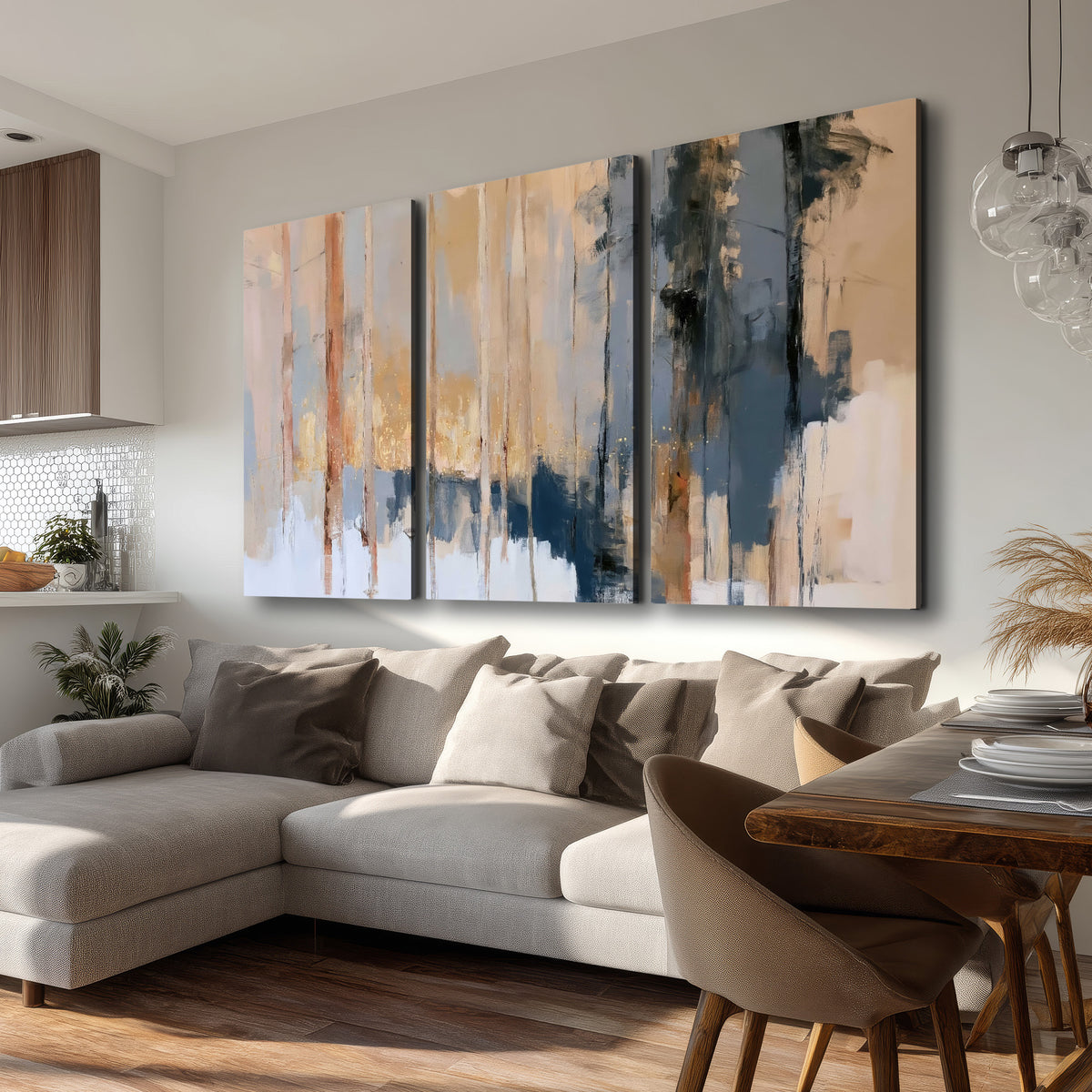 Vertical strokes of cream, blue and ochre suggesting a quiet woodland 3 piece canvas wall art room and product view