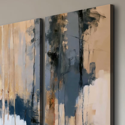 Vertical strokes of cream, blue and ochre suggesting a quiet woodland 3 piece canvas wall art room and product view