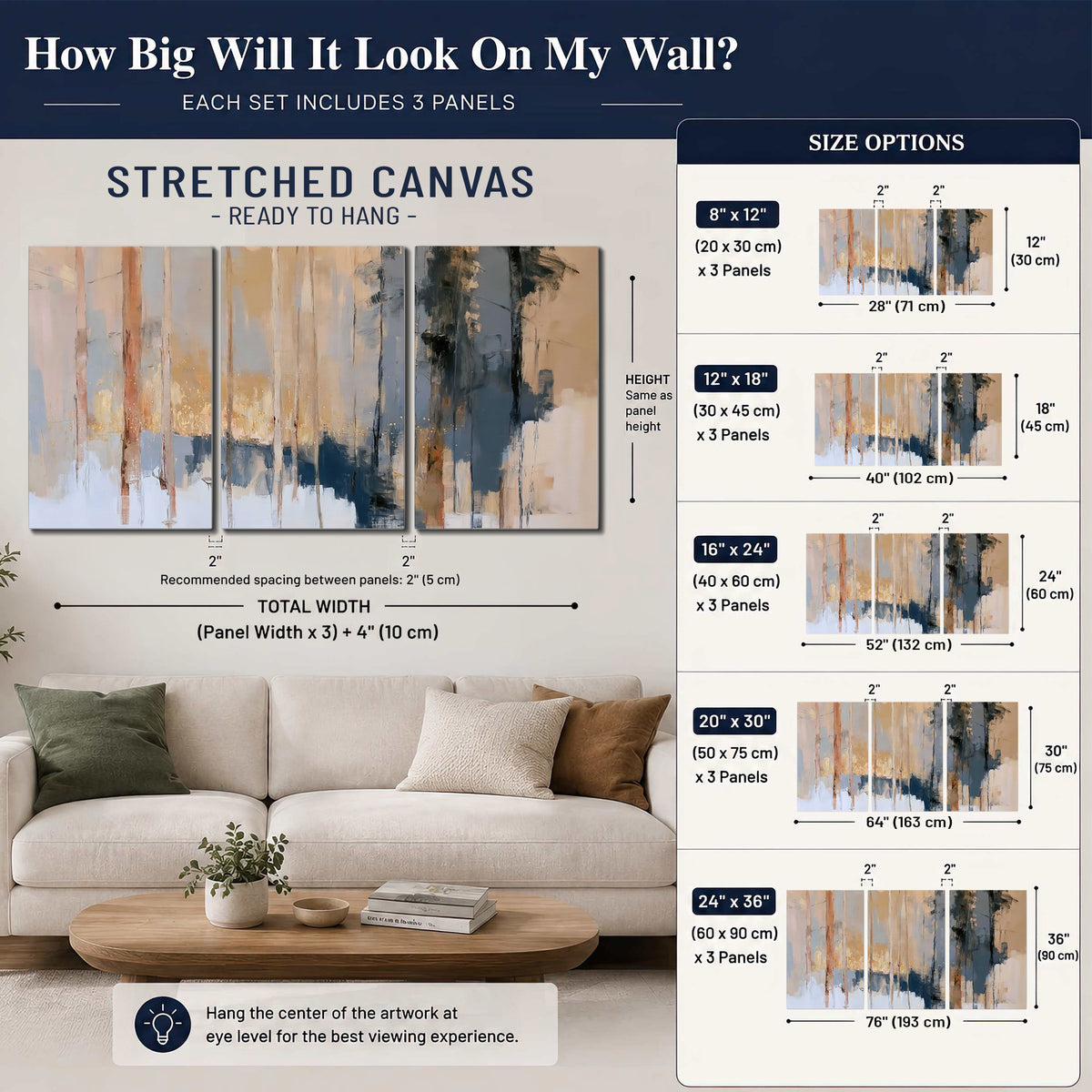 Vertical strokes of cream, blue and ochre suggesting a quiet woodland 3 piece canvas wall art size guide above a sofa; room view is illustrative