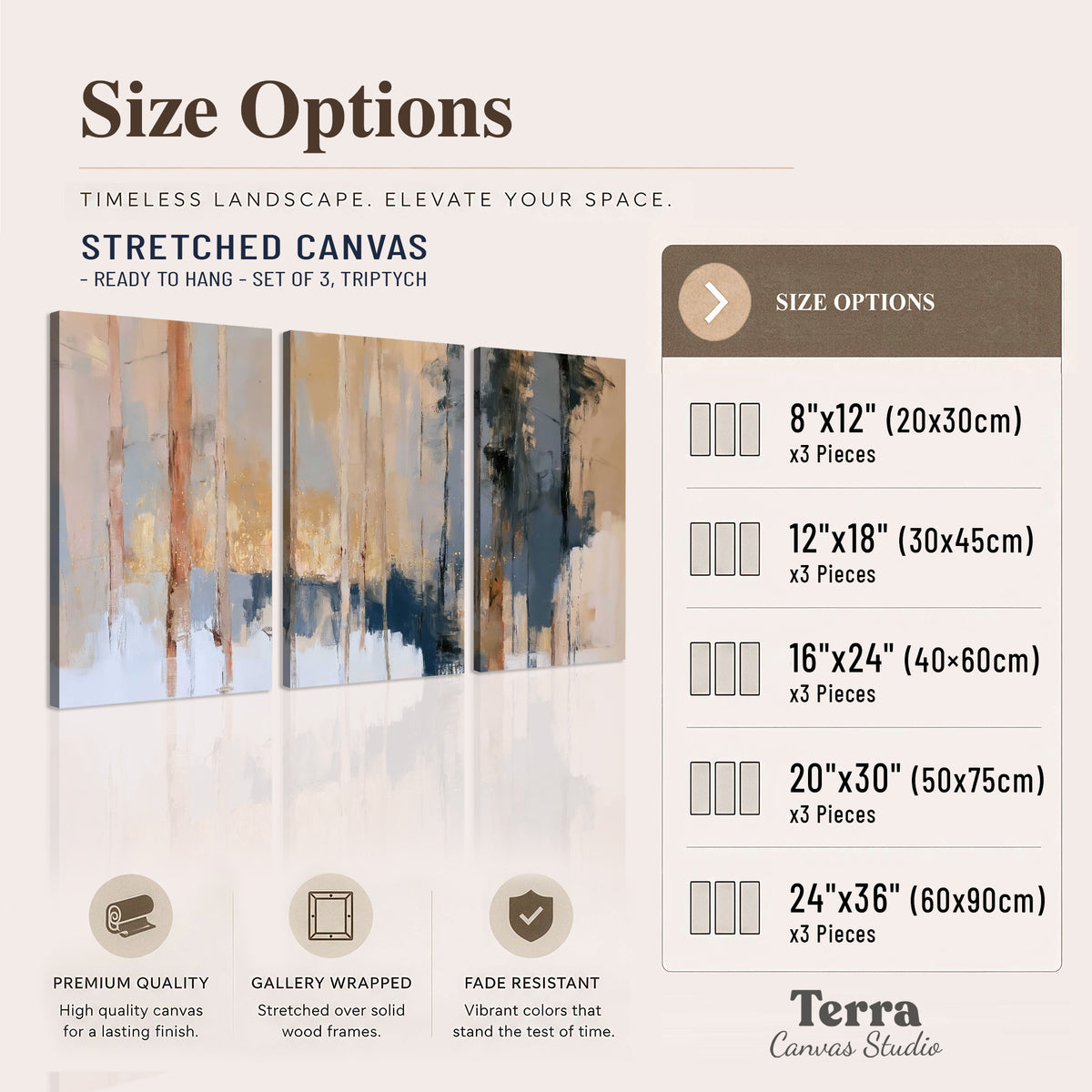 Vertical strokes of cream, blue and ochre suggesting a quiet woodland 3 piece canvas wall art available dimensions; triptych dimensions are per panel