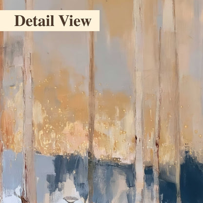 Vertical strokes of cream, blue and ochre suggesting a quiet woodland 3 piece canvas wall art artwork detail close up