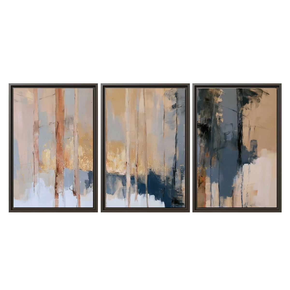 Vertical strokes of cream, blue and ochre suggesting a quiet woodland 3 piece framed canvas wall art viewed straight on