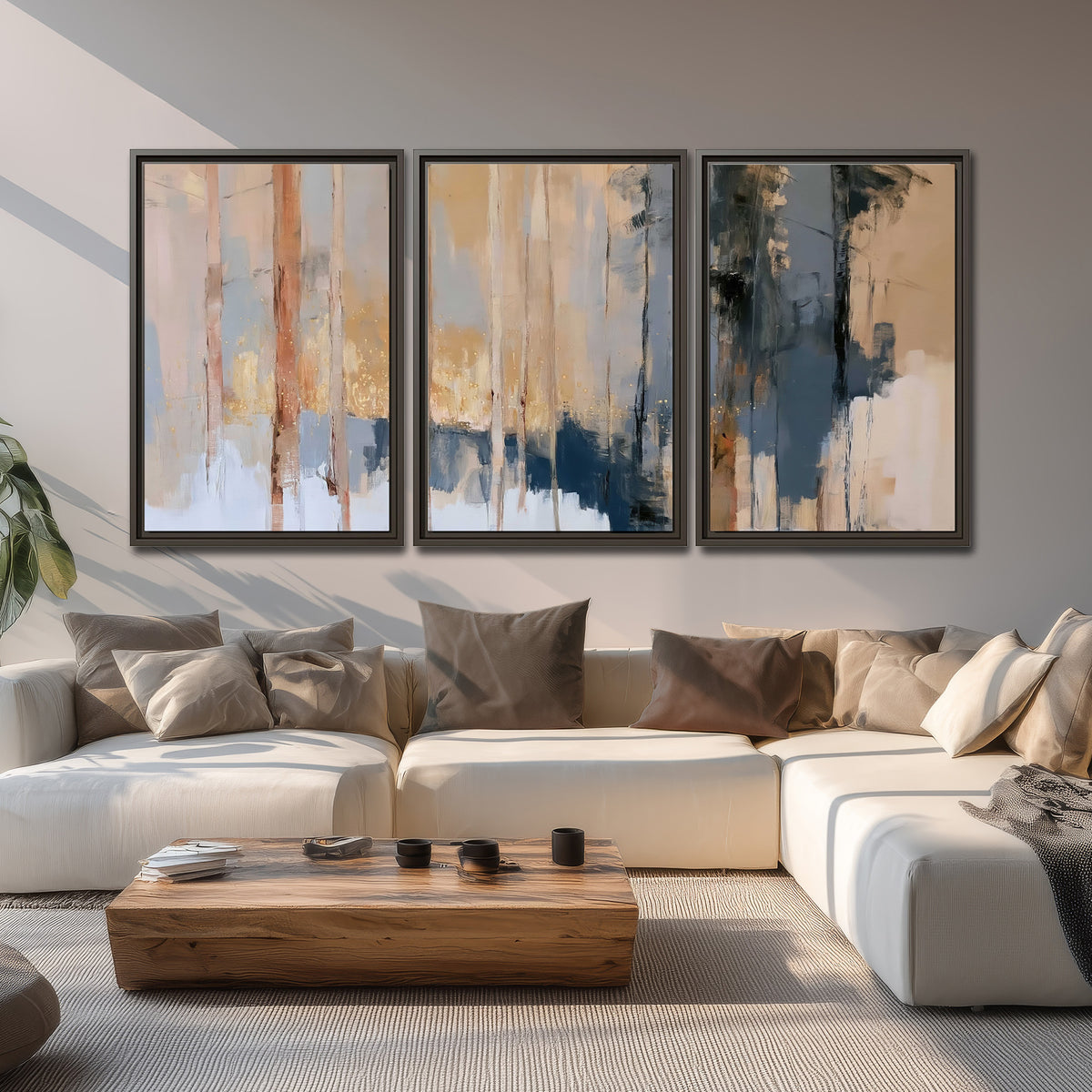 Vertical strokes of cream, blue and ochre suggesting a quiet woodland 3 piece framed canvas wall art displayed in a living room