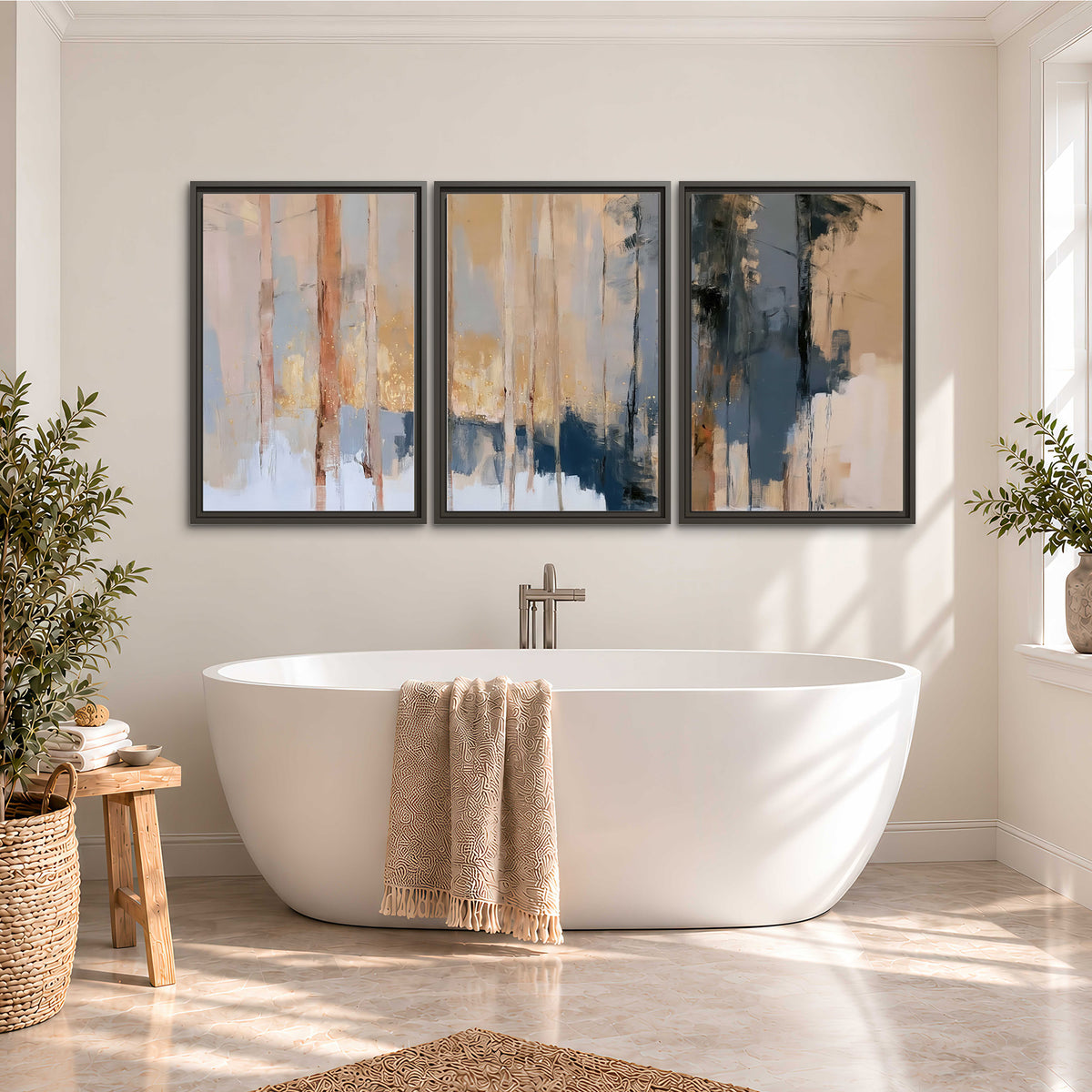 Vertical strokes of cream, blue and ochre suggesting a quiet woodland 3 piece framed canvas wall art styled in an interior