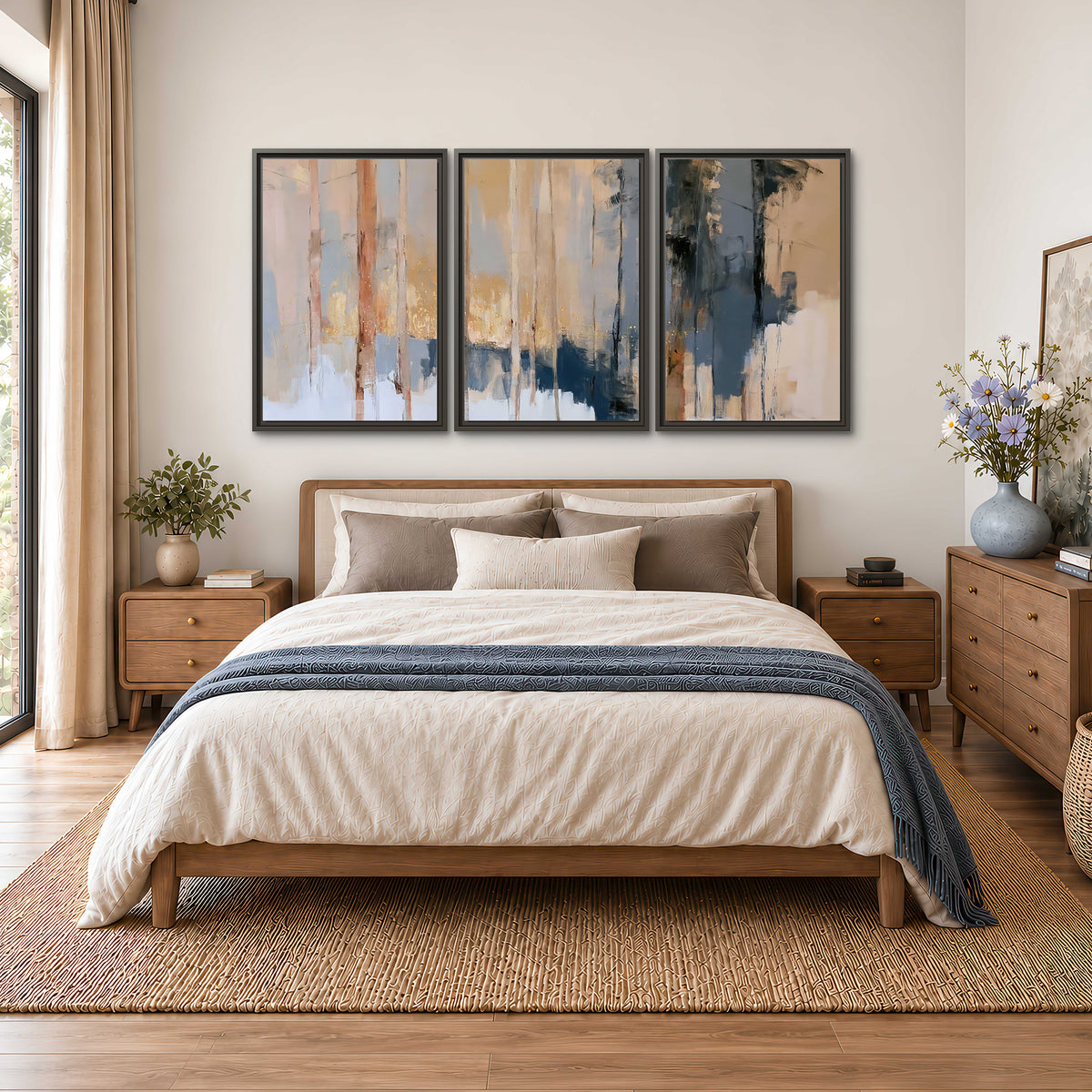 Vertical strokes of cream, blue and ochre suggesting a quiet woodland 3 piece framed canvas wall art styled in an interior