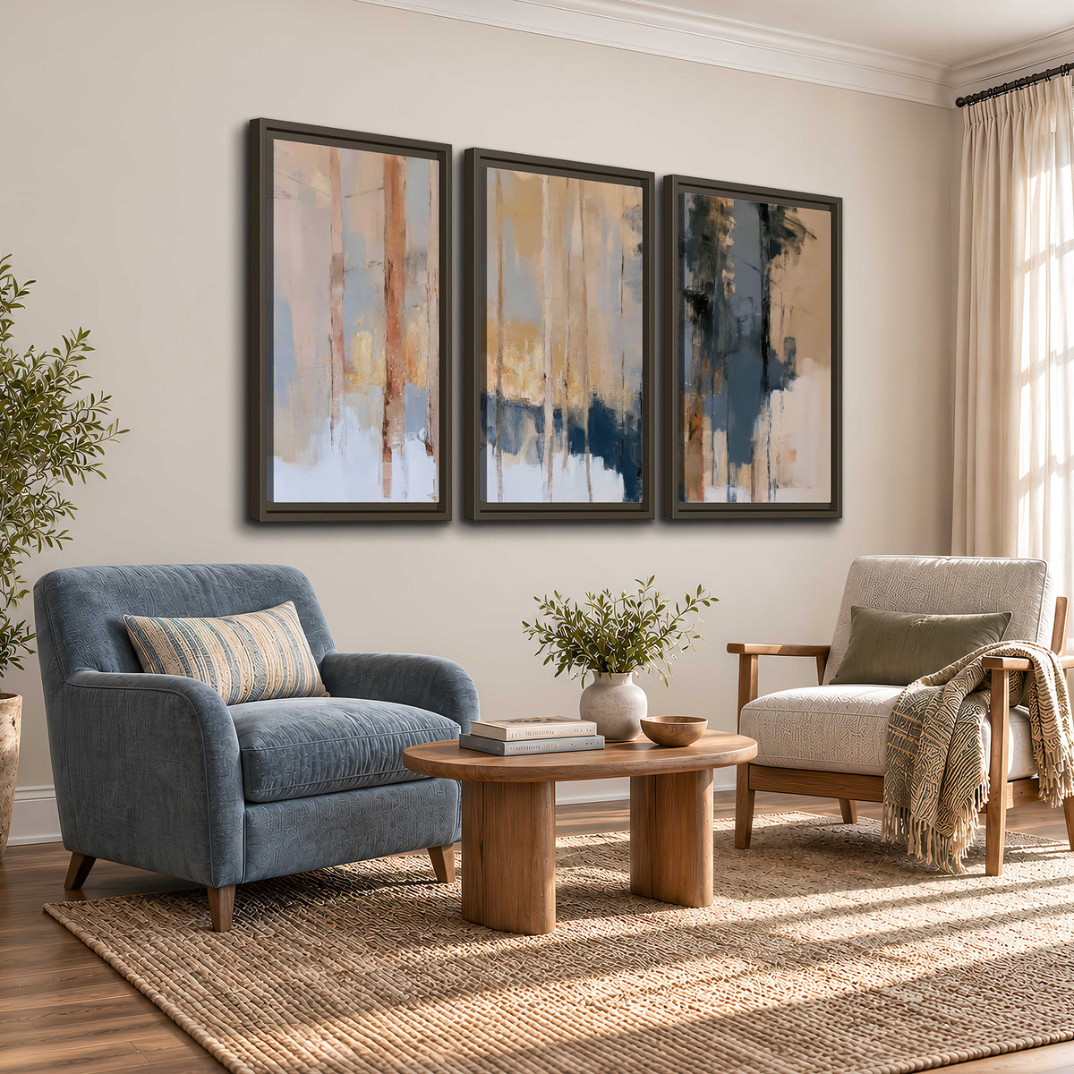 Vertical strokes of cream, blue and ochre suggesting a quiet woodland 3 piece framed canvas wall art styled in an interior