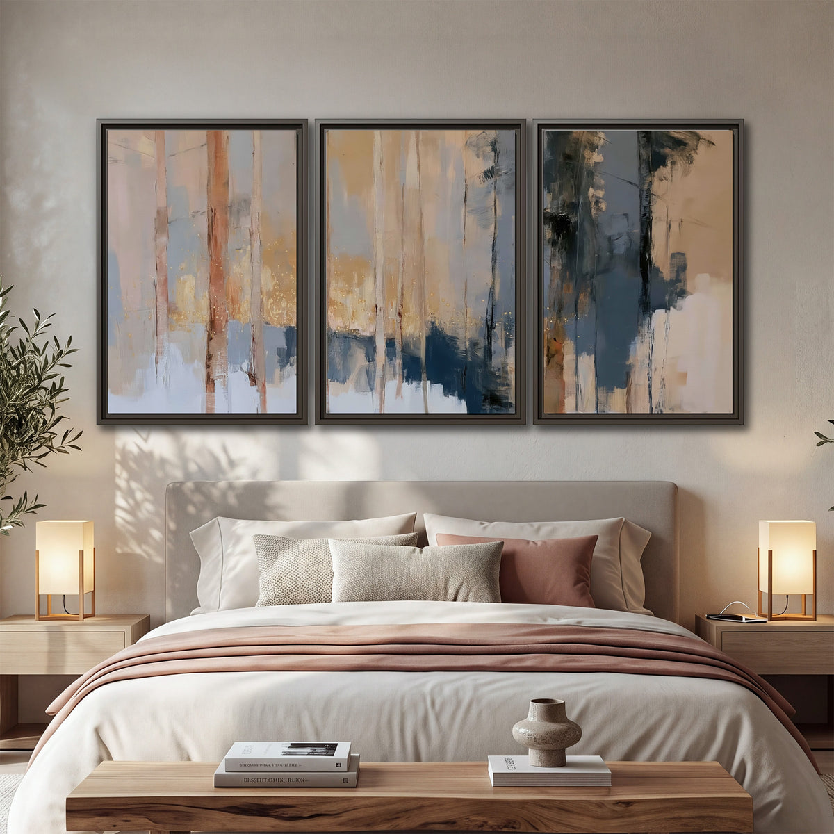 Vertical strokes of cream, blue and ochre suggesting a quiet woodland 3 piece framed canvas wall art displayed in a bedroom