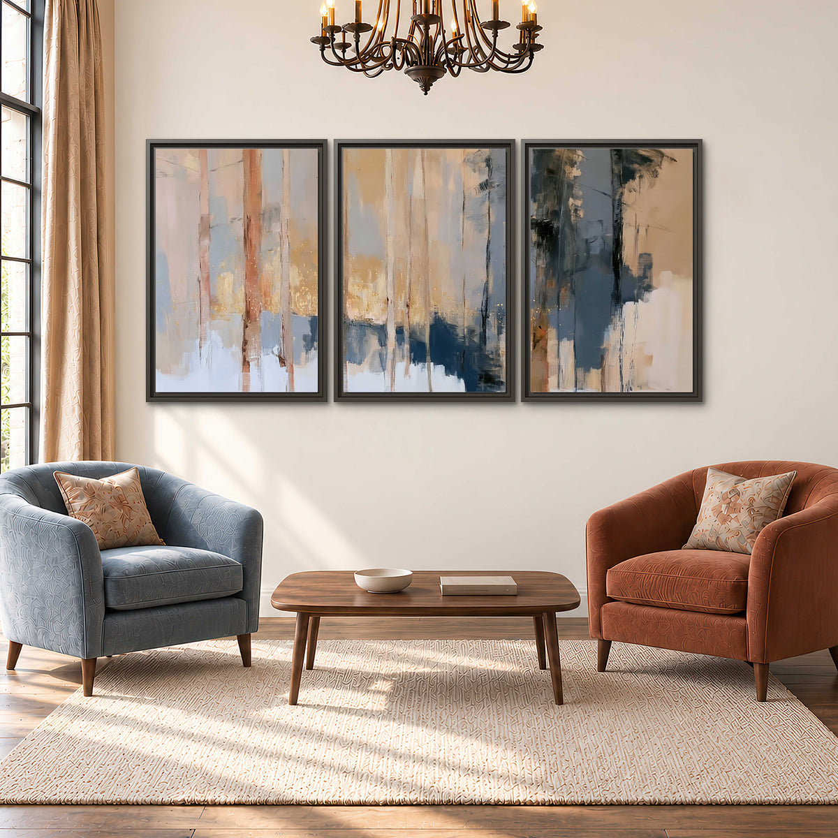 Vertical strokes of cream, blue and ochre suggesting a quiet woodland 3 piece framed canvas wall art styled in an interior