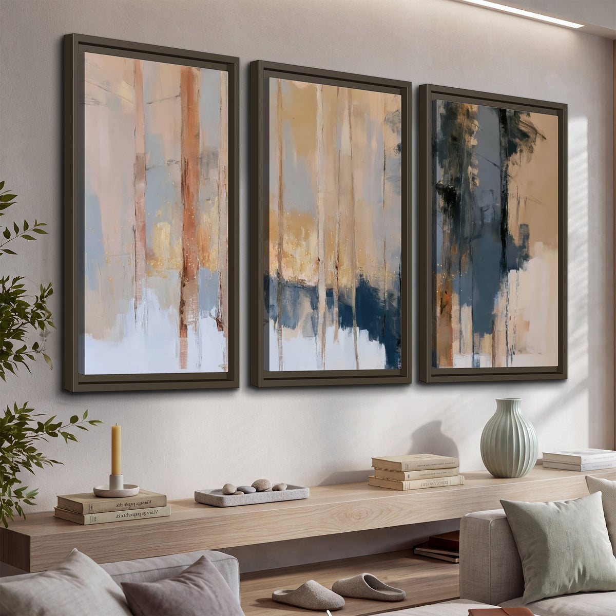 Vertical strokes of cream, blue and ochre suggesting a quiet woodland 3 piece framed canvas wall art displayed in a console