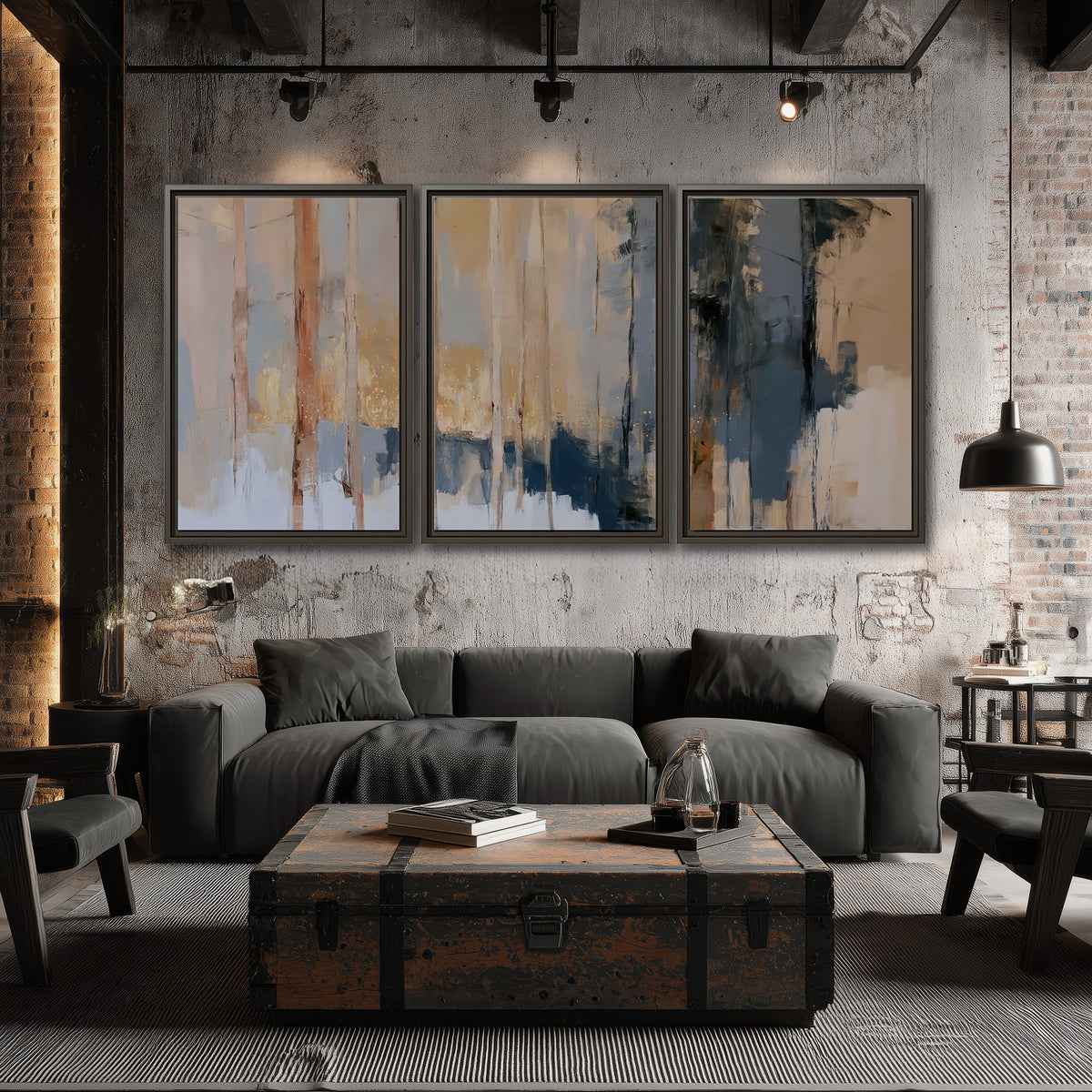 Vertical strokes of cream, blue and ochre suggesting a quiet woodland 3 piece framed canvas wall art displayed in a industrial room