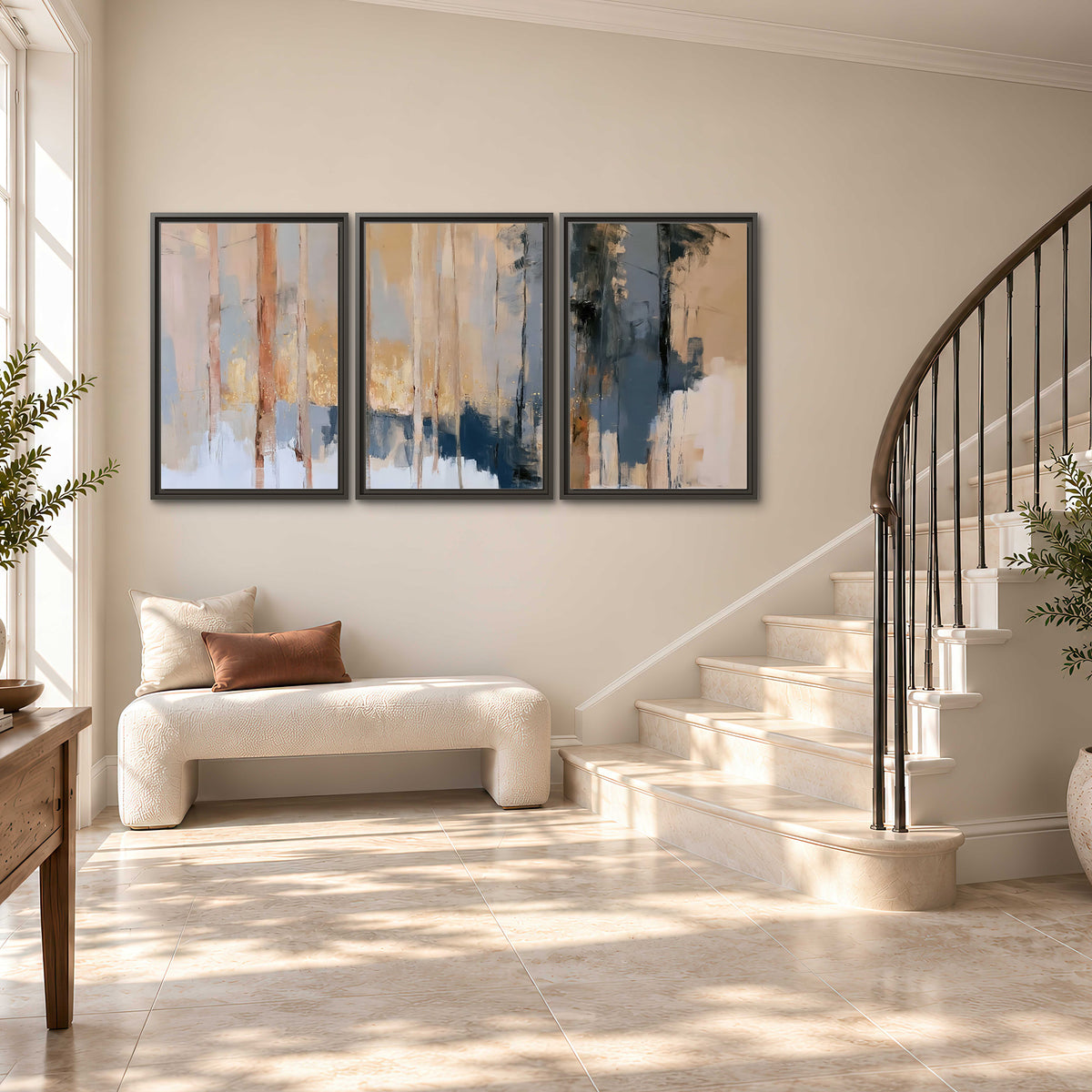 Vertical strokes of cream, blue and ochre suggesting a quiet woodland 3 piece framed canvas wall art styled in an interior