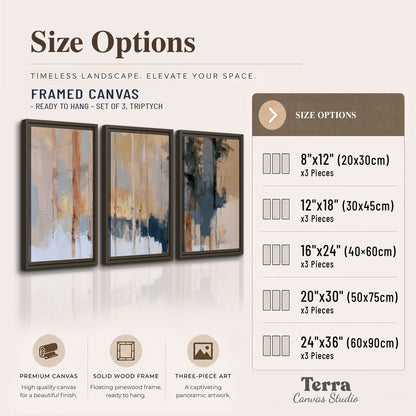 Vertical strokes of cream, blue and ochre suggesting a quiet woodland 3 piece framed canvas wall art available dimensions; triptych dimensions are per panel