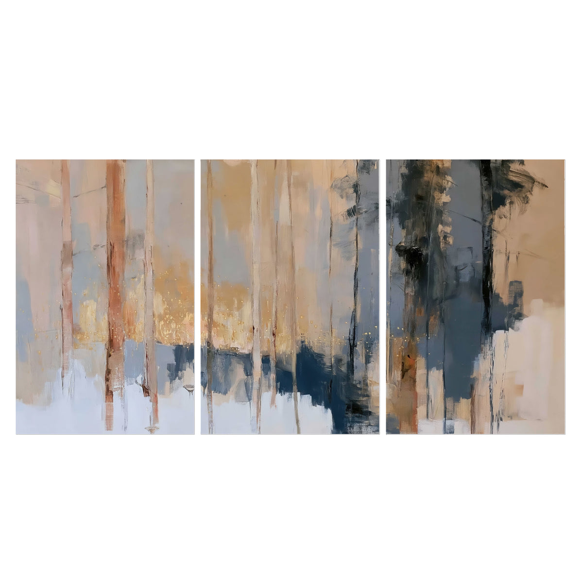 Vertical strokes of cream, blue and ochre suggesting a quiet woodland set of 3 poster prints viewed straight on