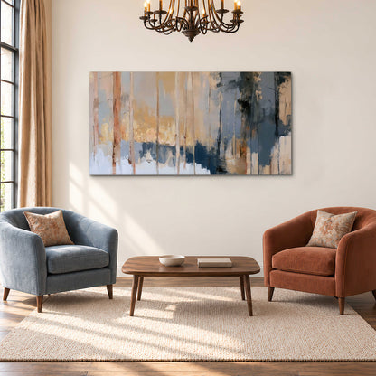 Vertical strokes of cream, blue and ochre suggesting a quiet woodland single canvas wall art styled in an interior