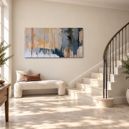 Vertical strokes of cream, blue and ochre suggesting a quiet woodland single canvas wall art styled in an interior