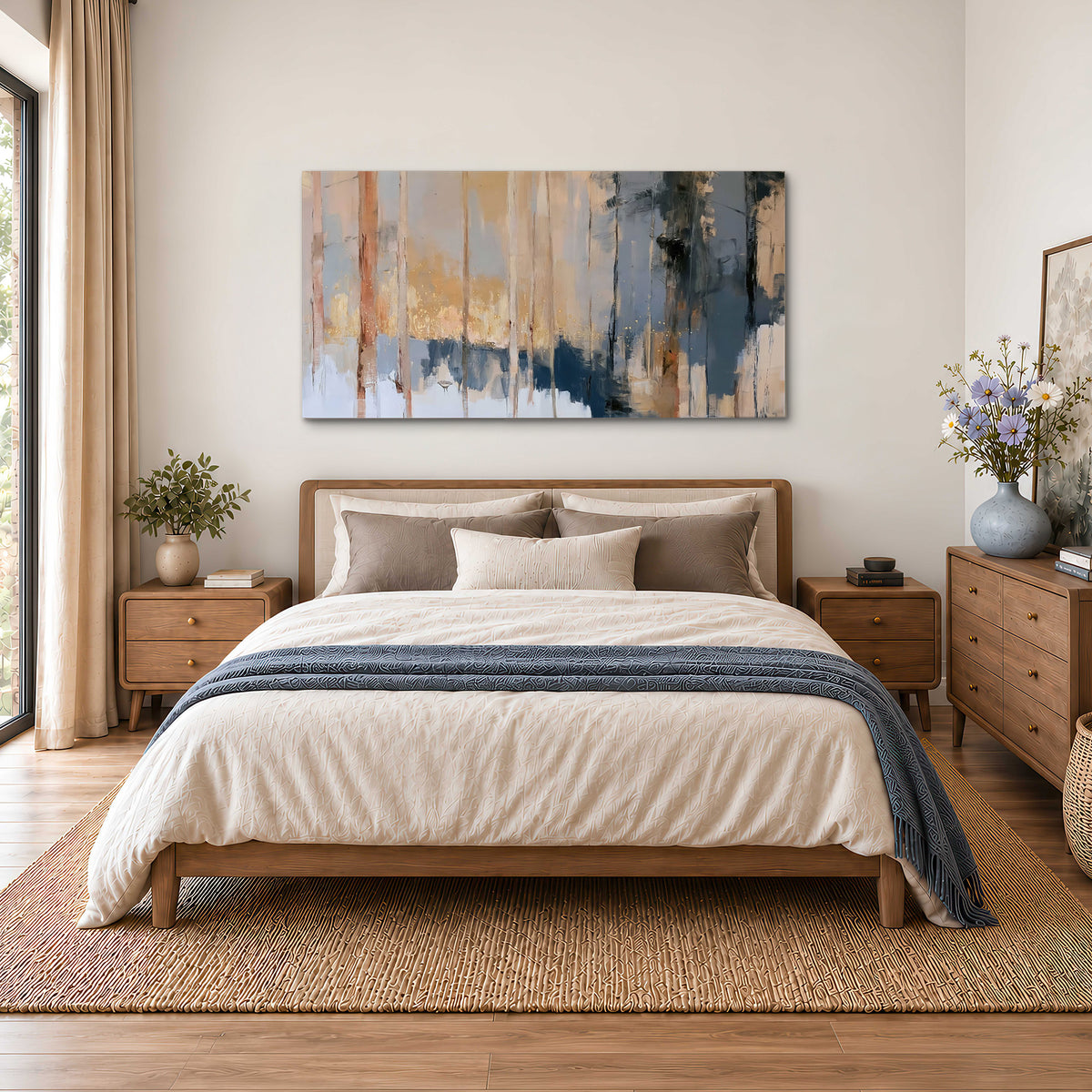 Vertical strokes of cream, blue and ochre suggesting a quiet woodland single canvas wall art styled in an interior