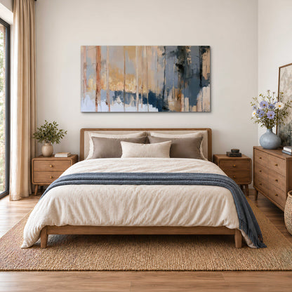 Vertical strokes of cream, blue and ochre suggesting a quiet woodland single canvas wall art styled in an interior