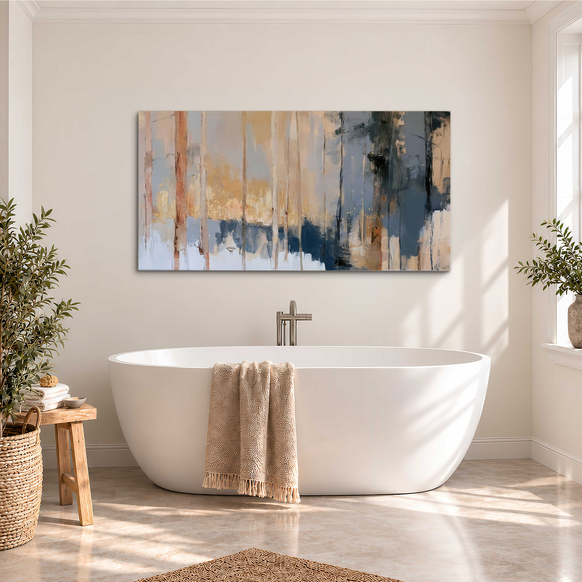 Vertical strokes of cream, blue and ochre suggesting a quiet woodland single canvas wall art styled in an interior