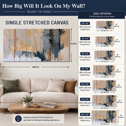 Vertical strokes of cream, blue and ochre suggesting a quiet woodland single canvas wall art size guide above a sofa; room view is illustrative