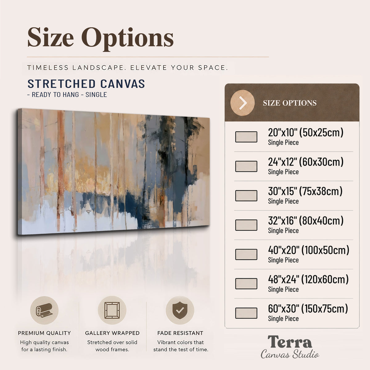 Vertical strokes of cream, blue and ochre suggesting a quiet woodland single canvas wall art available dimensions