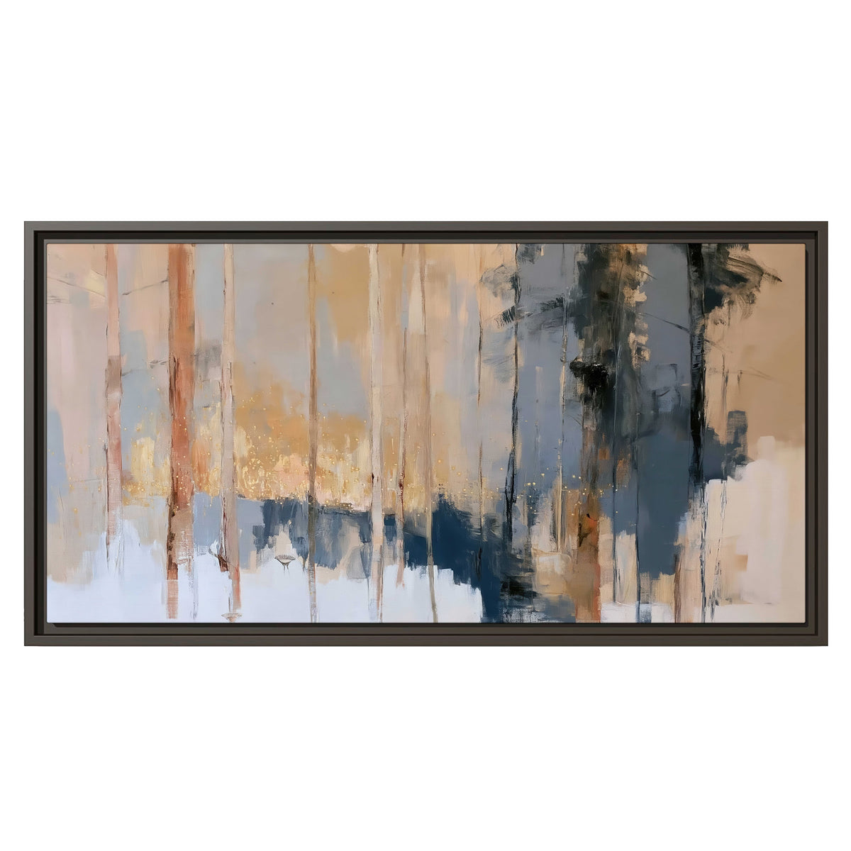 Vertical strokes of cream, blue and ochre suggesting a quiet woodland single framed canvas wall art viewed straight on