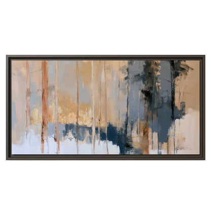 Vertical strokes of cream, blue and ochre suggesting a quiet woodland single framed canvas wall art viewed straight on