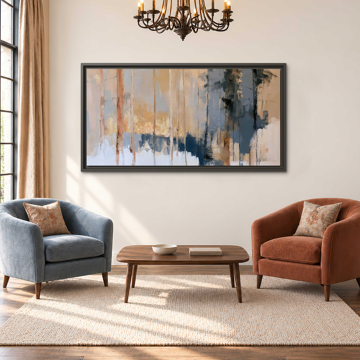 Vertical strokes of cream, blue and ochre suggesting a quiet woodland single framed canvas wall art styled in an interior