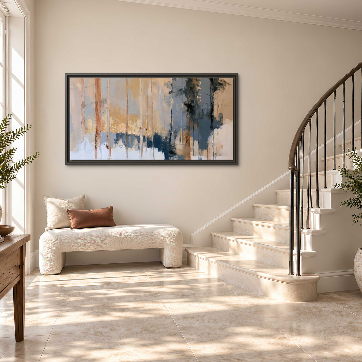 Vertical strokes of cream, blue and ochre suggesting a quiet woodland single framed canvas wall art styled in an interior