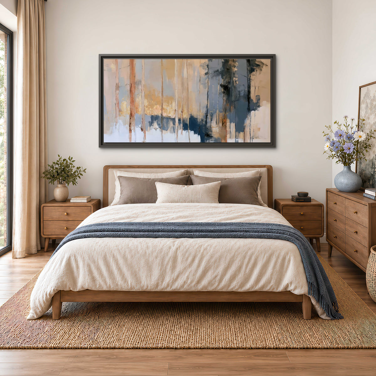 Vertical strokes of cream, blue and ochre suggesting a quiet woodland single framed canvas wall art styled in an interior