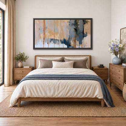Vertical strokes of cream, blue and ochre suggesting a quiet woodland single framed canvas wall art styled in an interior