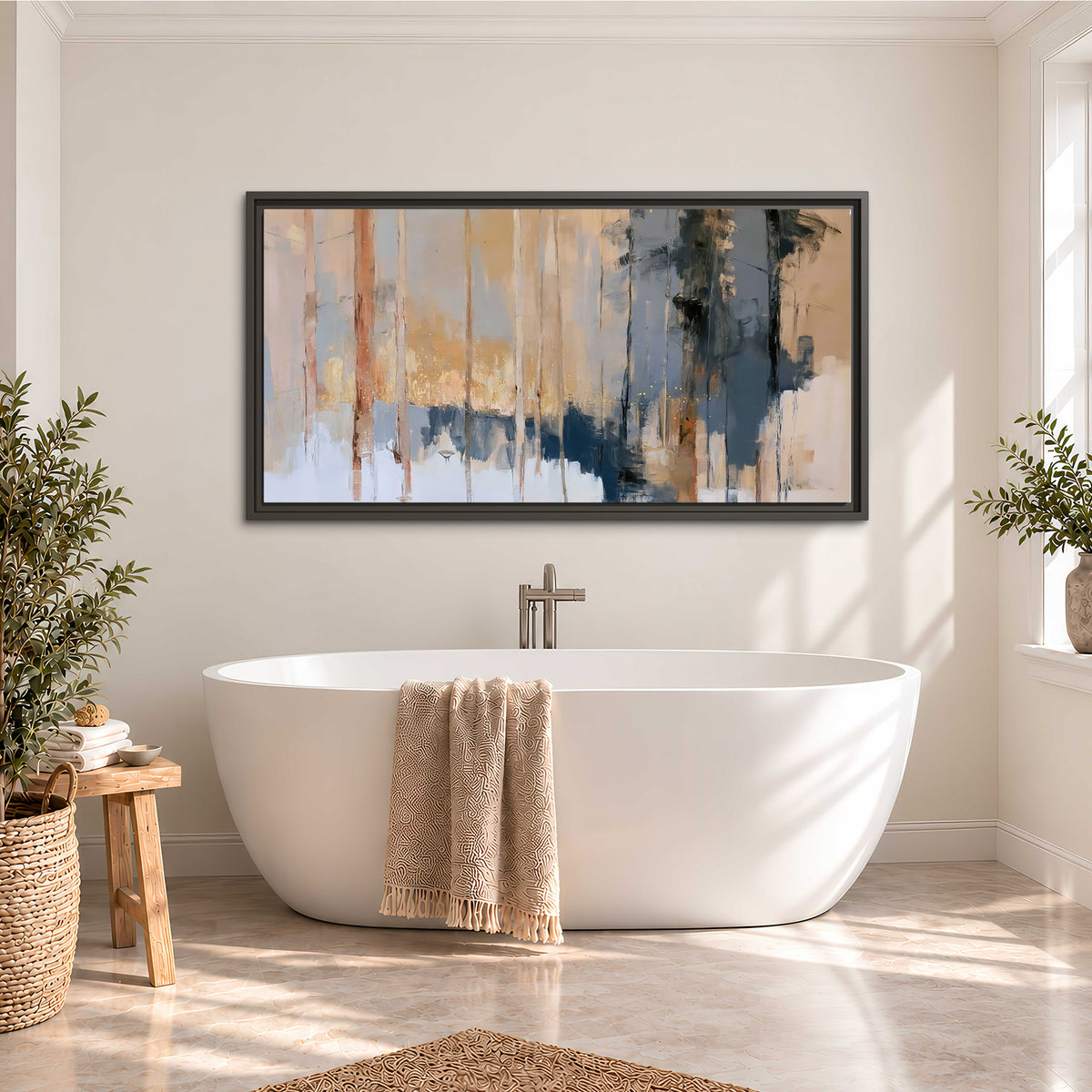 Vertical strokes of cream, blue and ochre suggesting a quiet woodland single framed canvas wall art styled in an interior