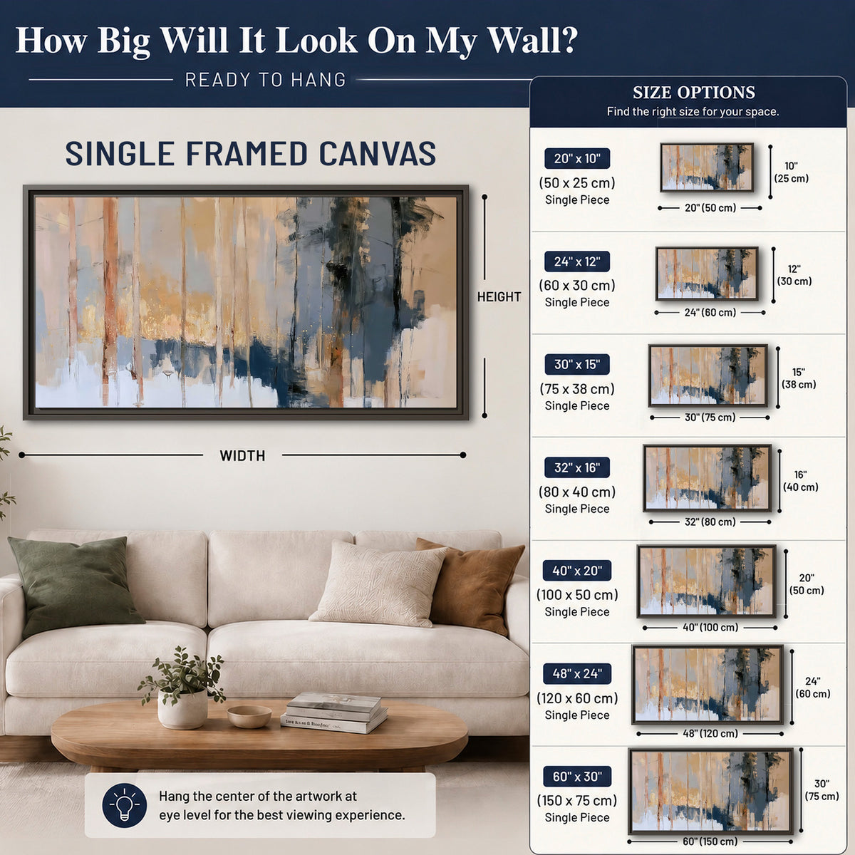 Vertical strokes of cream, blue and ochre suggesting a quiet woodland single framed canvas wall art size guide above a sofa; room view is illustrative