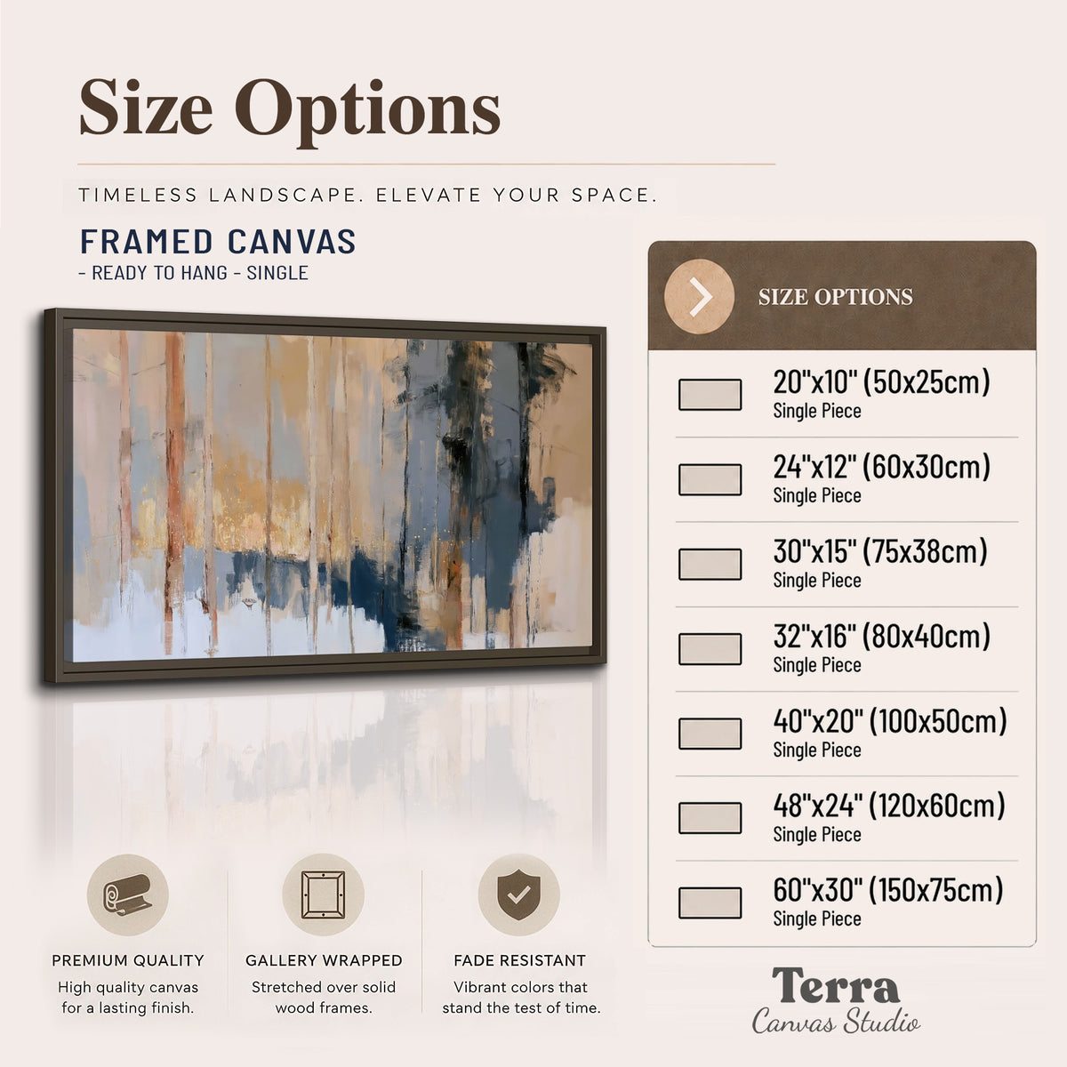 Vertical strokes of cream, blue and ochre suggesting a quiet woodland single framed canvas wall art available dimensions