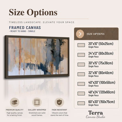 Vertical strokes of cream, blue and ochre suggesting a quiet woodland single framed canvas wall art available dimensions