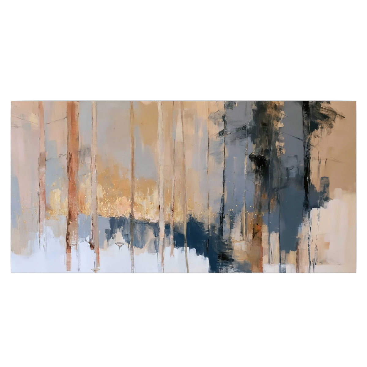 Vertical strokes of cream, blue and ochre suggesting a quiet woodland single poster print viewed straight on