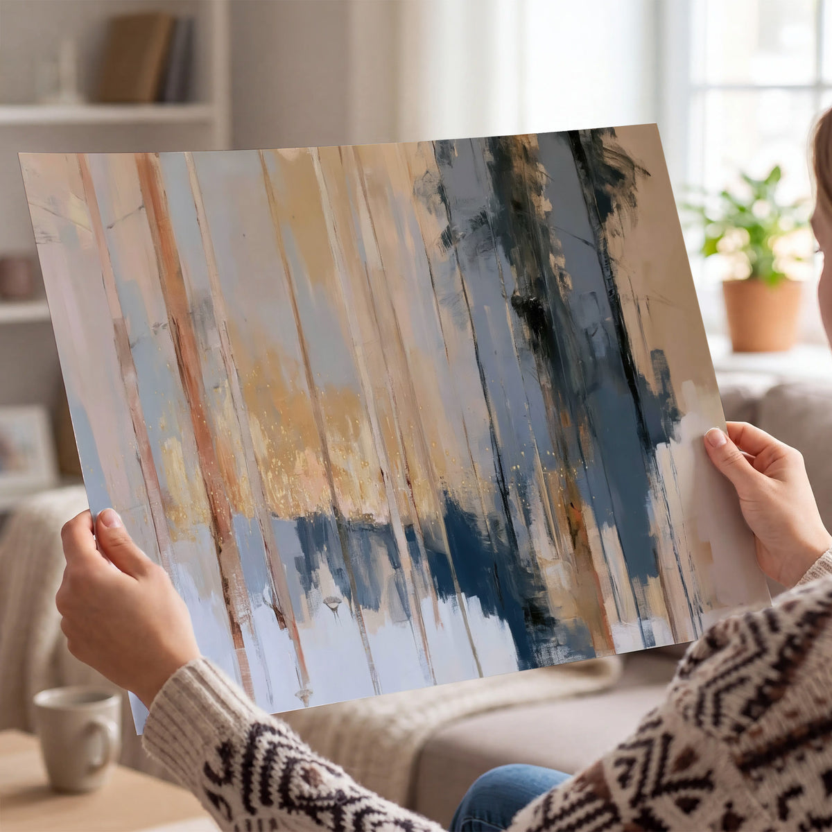 Vertical strokes of cream, blue and ochre suggesting a quiet woodland single poster print held in hands