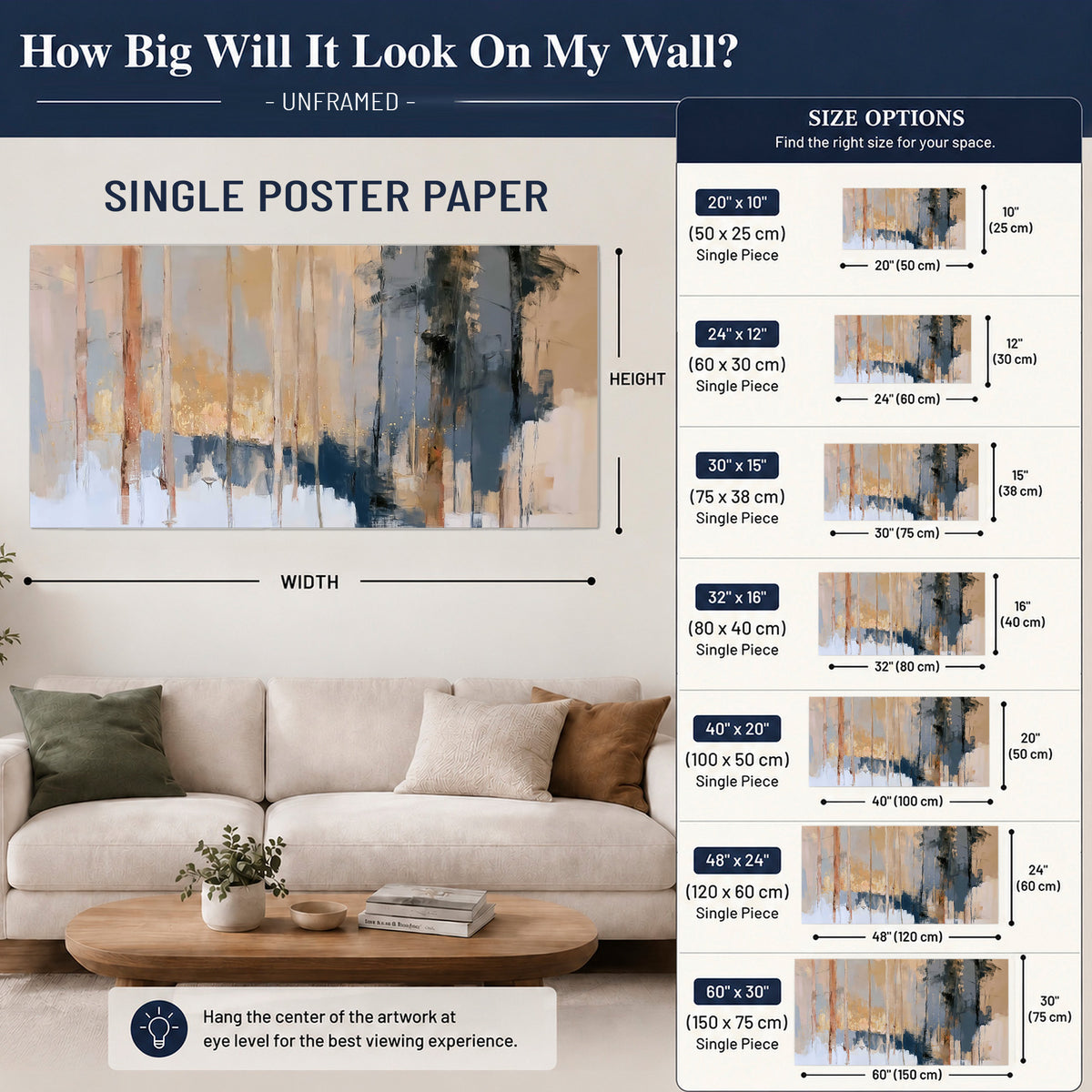Vertical strokes of cream, blue and ochre suggesting a quiet woodland single poster print size guide above a sofa; room view is illustrative