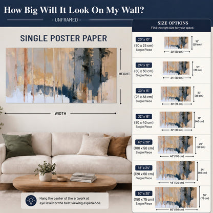 Vertical strokes of cream, blue and ochre suggesting a quiet woodland single poster print size guide above a sofa; room view is illustrative