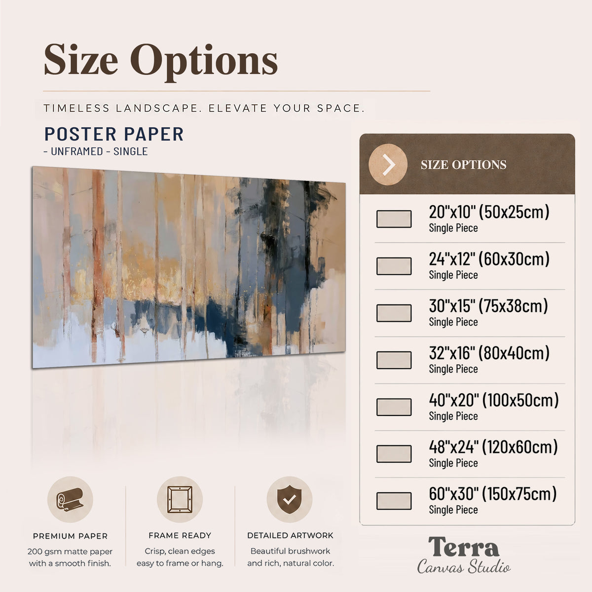 Vertical strokes of cream, blue and ochre suggesting a quiet woodland single poster print available dimensions