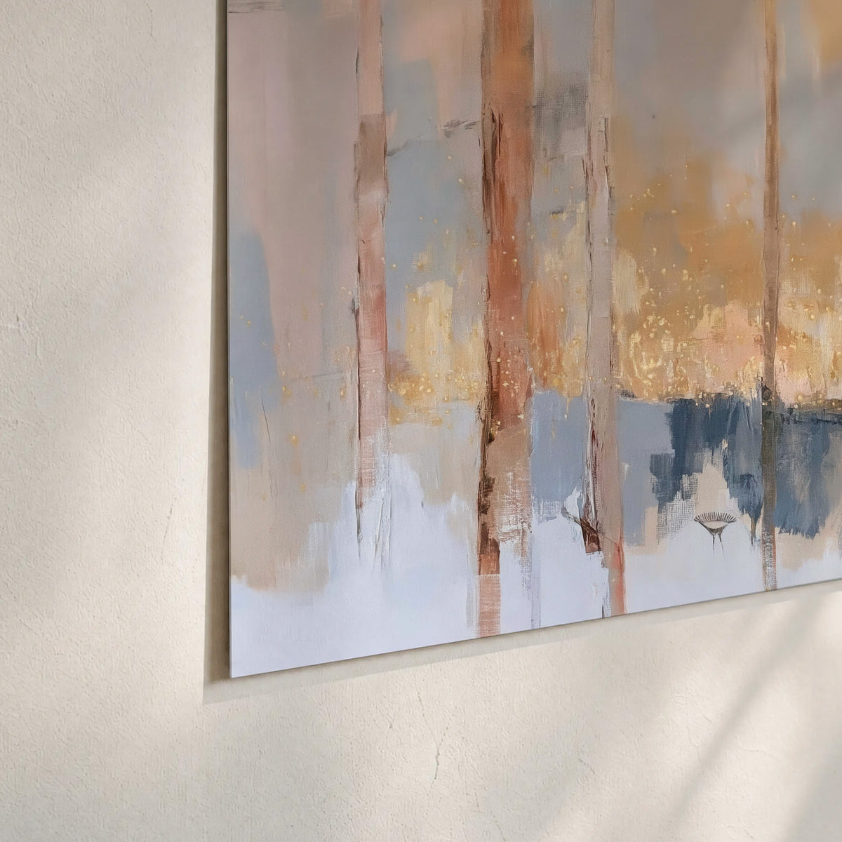 Vertical strokes of cream, blue and ochre suggesting a quiet woodland set of 3 poster prints material and edge close up