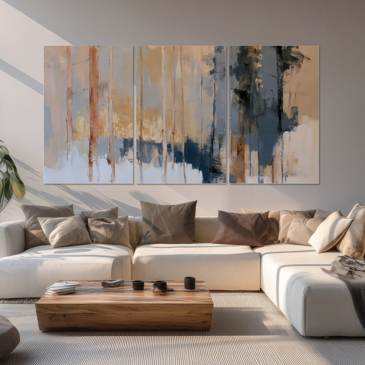 Vertical strokes of cream, blue and ochre suggesting a quiet woodland set of 3 poster prints displayed in a living room