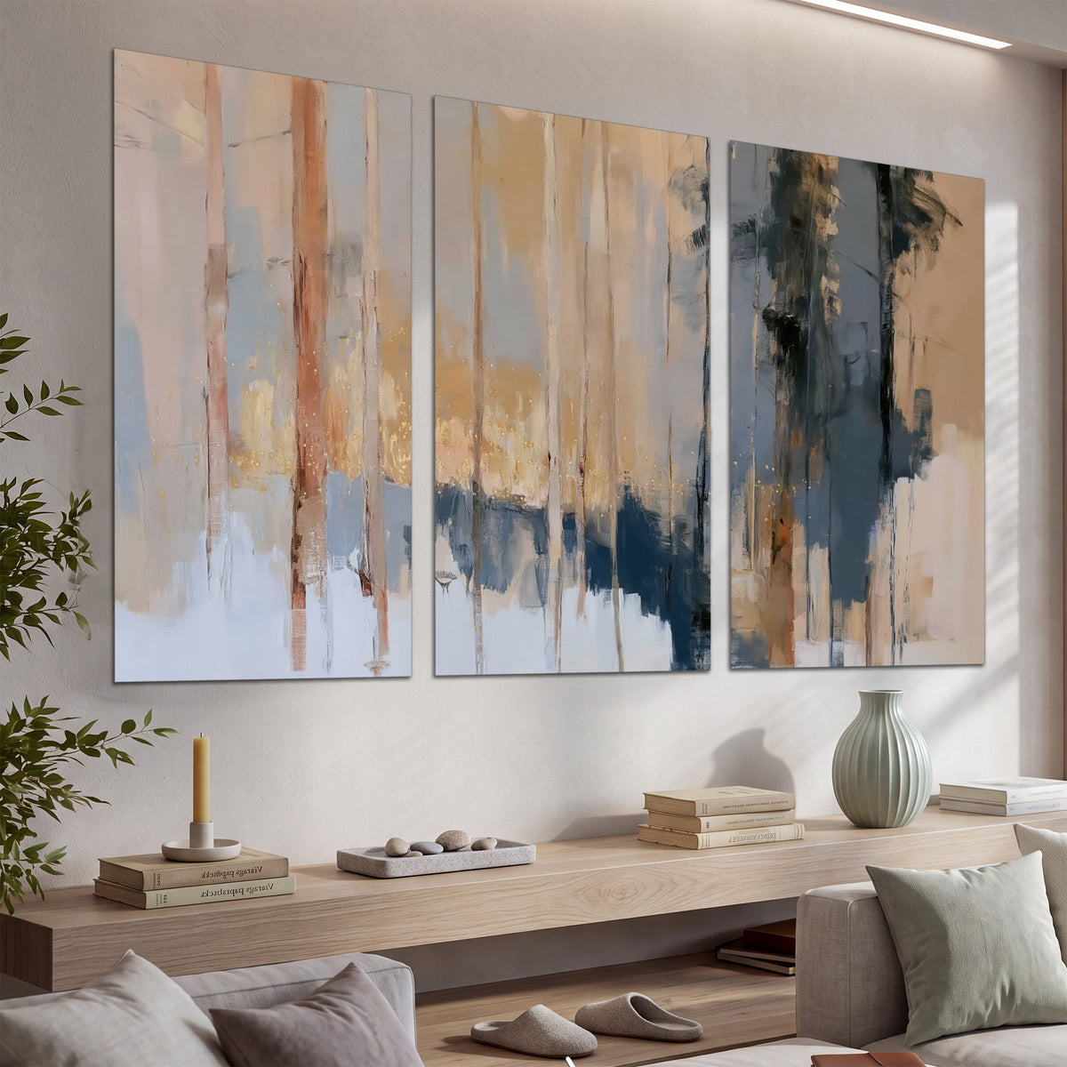Vertical strokes of cream, blue and ochre suggesting a quiet woodland set of 3 poster prints displayed in a console