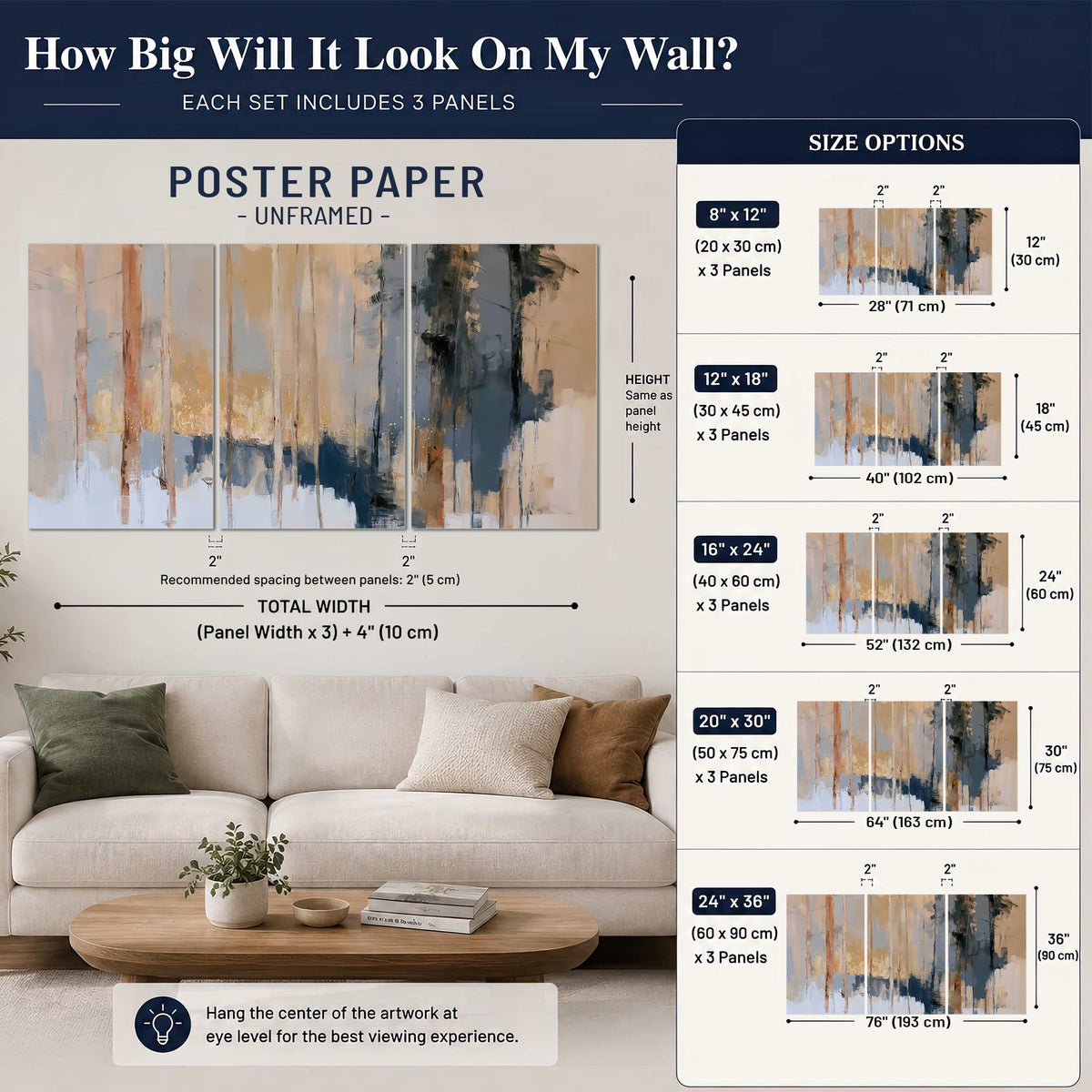 Vertical strokes of cream, blue and ochre suggesting a quiet woodland set of 3 poster prints size guide above a sofa; room view is illustrative