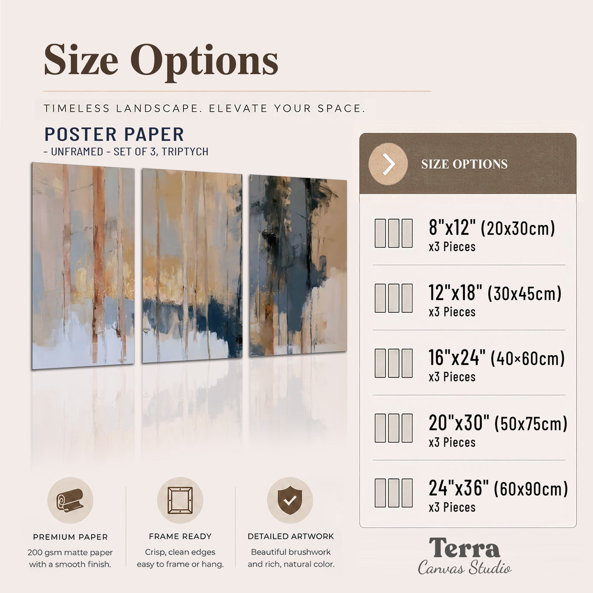 Vertical strokes of cream, blue and ochre suggesting a quiet woodland set of 3 poster prints available dimensions; triptych dimensions are per panel