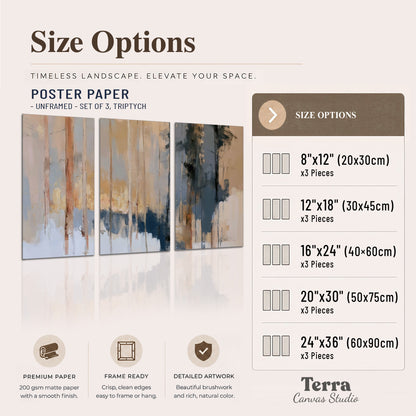 Vertical strokes of cream, blue and ochre suggesting a quiet woodland set of 3 poster prints available dimensions; triptych dimensions are per panel