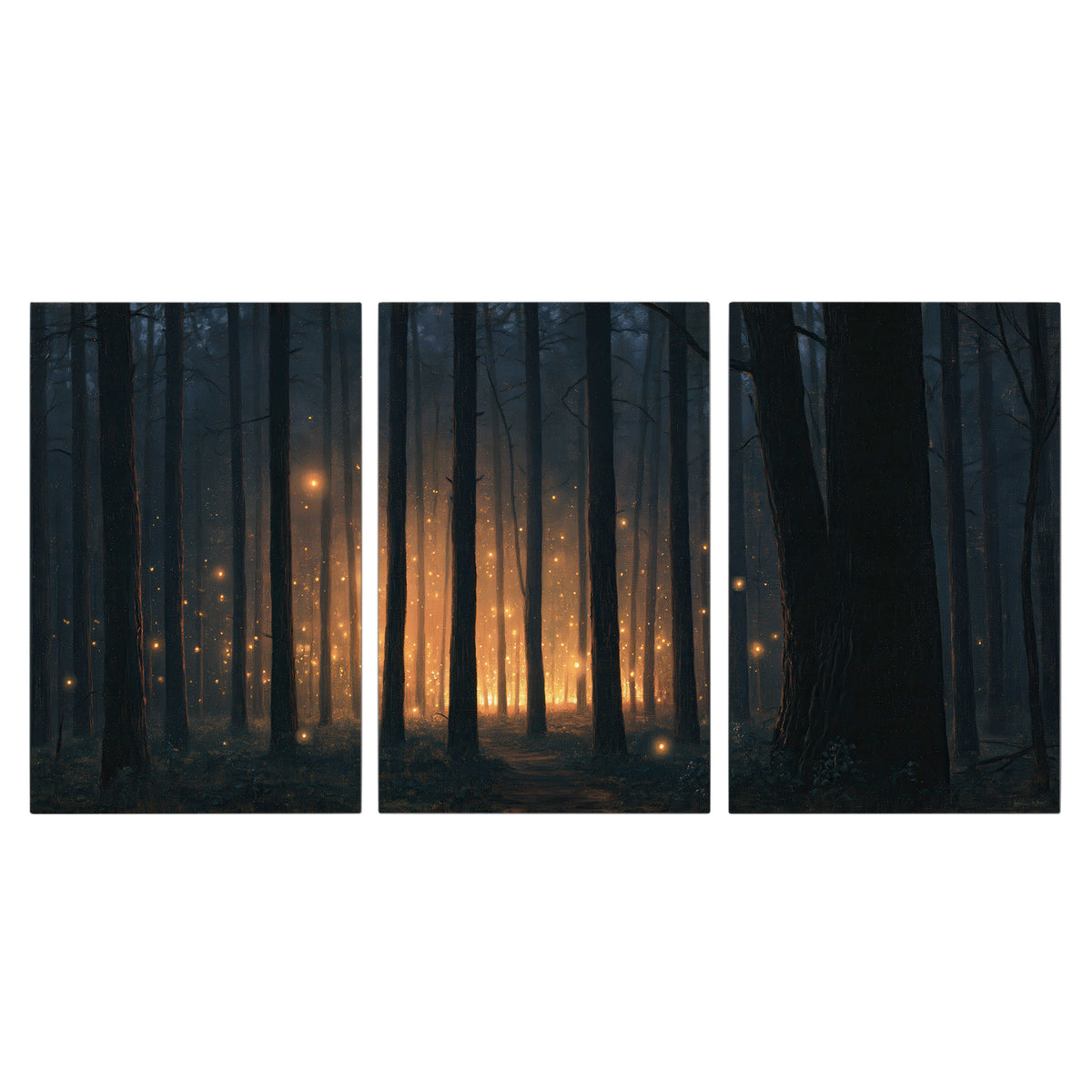 A warm amber glow shining between closely spaced dark forest trunks 3 piece canvas wall art viewed straight on