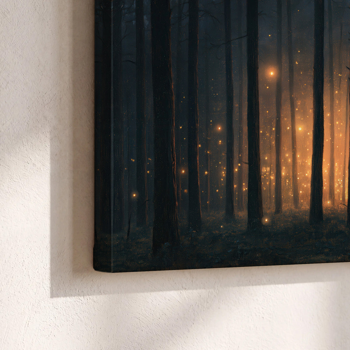 A warm amber glow shining between closely spaced dark forest trunks 3 piece canvas wall art material and edge close up