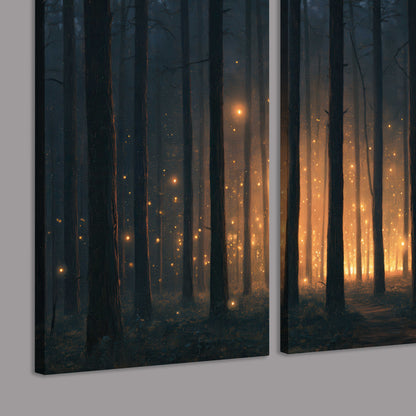 A warm amber glow shining between closely spaced dark forest trunks 3 piece canvas wall art room and product view