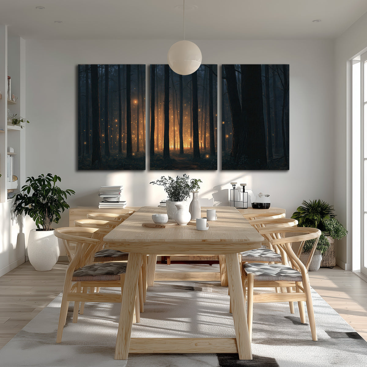 A warm amber glow shining between closely spaced dark forest trunks 3 piece canvas wall art room and product view