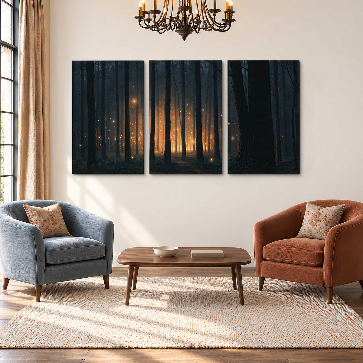 A warm amber glow shining between closely spaced dark forest trunks 3 piece canvas wall art styled in an interior